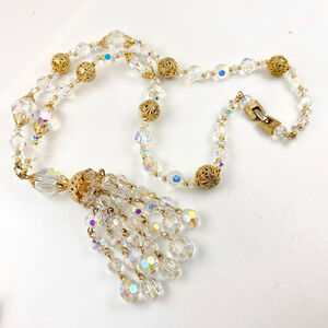 Vintage Signed Sherman Aurora Borealis Crystal Gold Tone Tassel Necklace